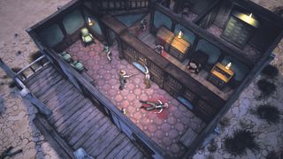 The player holds a man at gunpoint in a house in Weird West