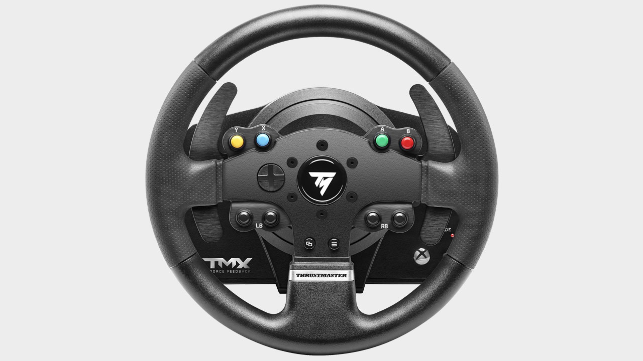 Thrustmaster TMX Force Feedback Racing Wheel straight on with a grey background