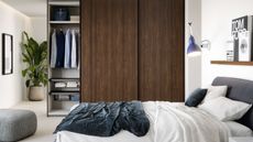 wardrobe in white and blue bedroom