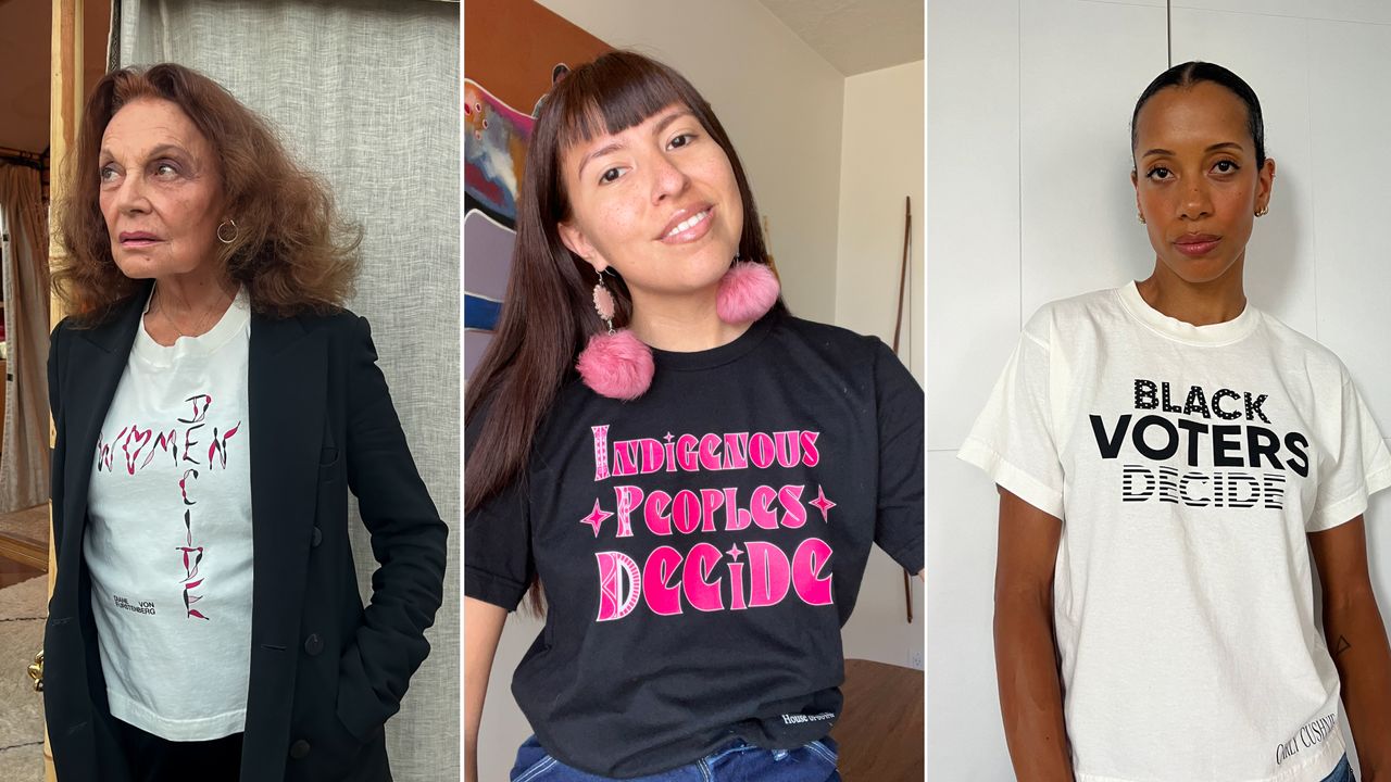 a collage of three designers wearing Planned Parenthood T shirts they designed