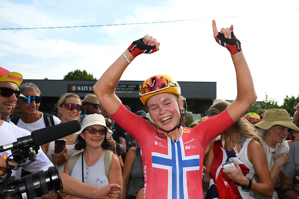 POLIGNY, FRANCE - AUGUST 03: Stage winner Sigrid Ytterhus Haugset of Norway and Team Uno-X Mobility reacts after the 5th Tour de France Femmes 2026 - Stage 3 a 156.5km stage from Geneva to Poligny / #UCIWWT / on August 03, 2026 in Poligny, France. (Photo by Alex Broadway/Getty Images)