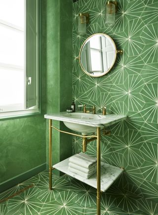 Small green bathroom with geometric tiles
