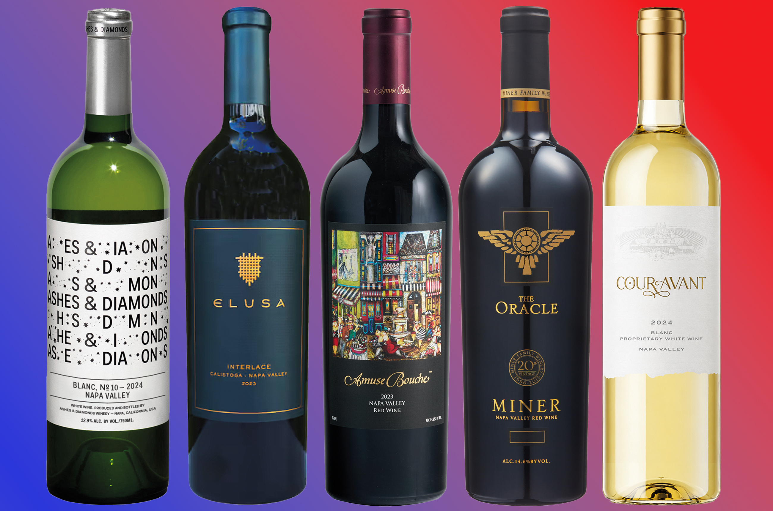 five bottles of Napa valley wines