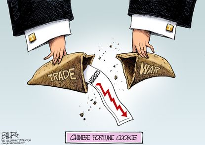 Political cartoon U.S. Trump China trade war fortune cookie