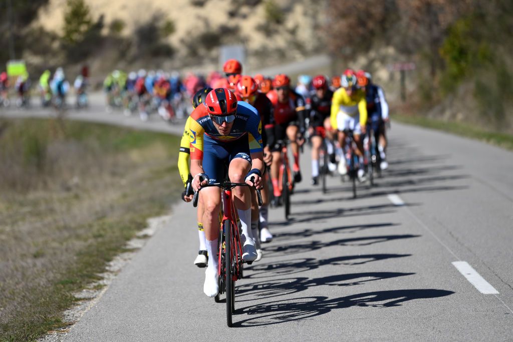 SISTERONFRANCE MARCH 07 Tim Declercq of Belgium and Team Lidl Trek leads the peloton during the 82nd Paris Nice 2024 Stage 5 a 1935km stage from SaintSauveurdeMontagut to Sisteron UCIWT on March 07 2024 in Sisteron France Photo by Alex BroadwayGetty Images