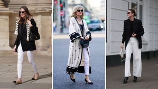 Three street style images of white jeans outfits with monochrome accessories