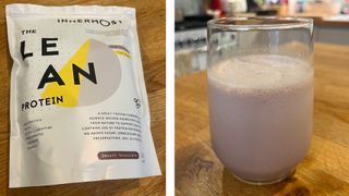 Innermost Lean Protein Powder in packaging and mixed with water in a glass