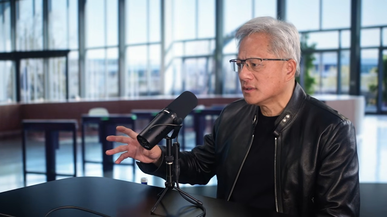 A still from an interview with Nvidia CEO Jensen Huang on the Lex Fridman YouTube channel.