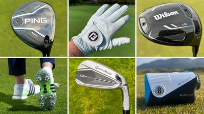 A mixture of golf clubs and equipment