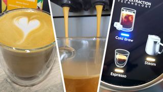 Split image of a cup of coffee with latte art heart, a De'Longhi coffee machine dispensing espresso, and control panel on the top of a De'Longhi espresso machine