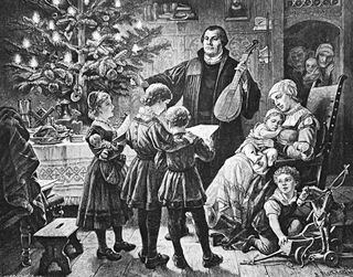 Martin Luther makes music with his family at the Christmas tree - stock illustration