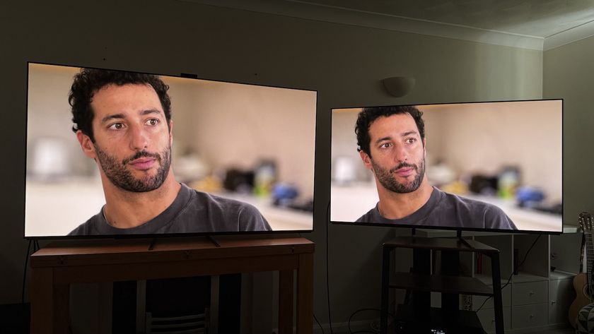 The Sony A95L and Bravia 8 II QD-OLED TVs pictured side-by-side. On the screen is a still of Daniel Ricciardo from Drive to Survive.