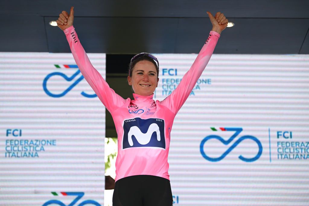 BORGO VAL DI TORO ITALY JULY 03 Annemiek Van Vleuten of The Netherlands and Movistar Team celebrates at podium as Pink Leader Jersey winner during the 34th Giro dItalia Donne 2023 Stage 4 a 134km stage from Fidenza to Borgo Val di Toro UCIWWT on July 03 2023 in Borgo Val di Toro Italy Photo by Dario BelingheriGetty Images