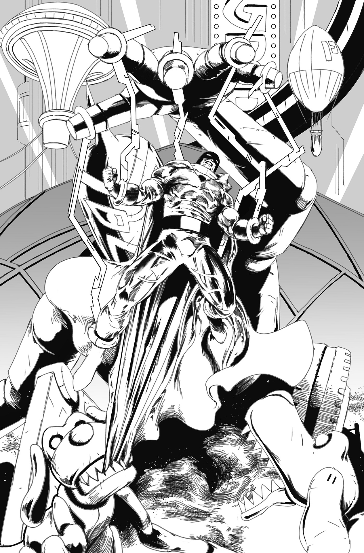 Space Ghost trapped by the strings of a giant mechanical marionette as weaponized toy dogs bite at his cape