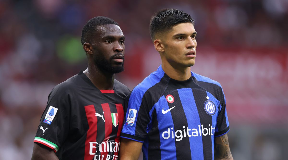 Fikayo Tomori of AC Milan marks Joaquin Correa of Inter Milan during the Serie A match between AC Milan and Inter Milan on 3 September, 2022 at the San Siro in Milan, Italy.