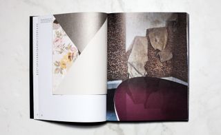 Open pages from the book with floral design on the left page and brown print design on the right page