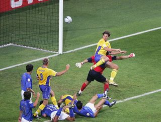 Zlatan Ibrahimovic scores for Sweden against Italy at Euro 2004.