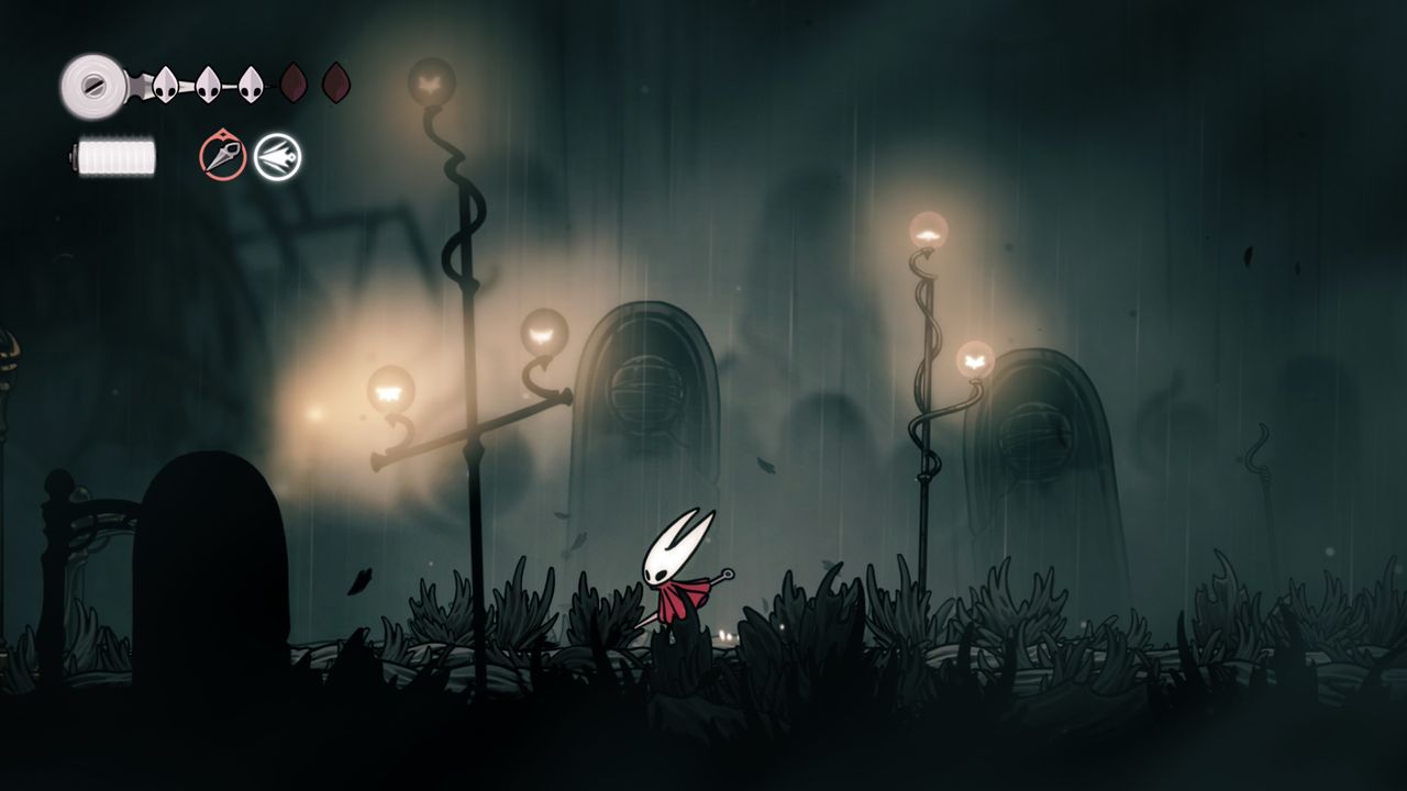 The foggy rain slick streets of Greymoor in Hollow Knight: Silksong