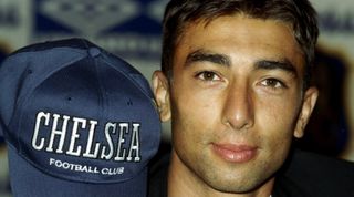 1996: Portrait of Roberto Di Matteo of Chelsea showing off his cap at Stamford Bridge in London. \ Mandatory Credit: Allsport UK /Allsport