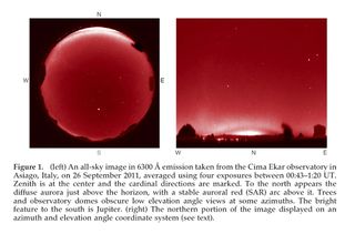 Image of night sky with aurora and red arc