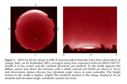 Image of night sky with aurora and red arc