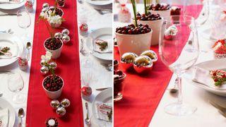Dining table with bright red table runner as simple Christmas centerpiece idea