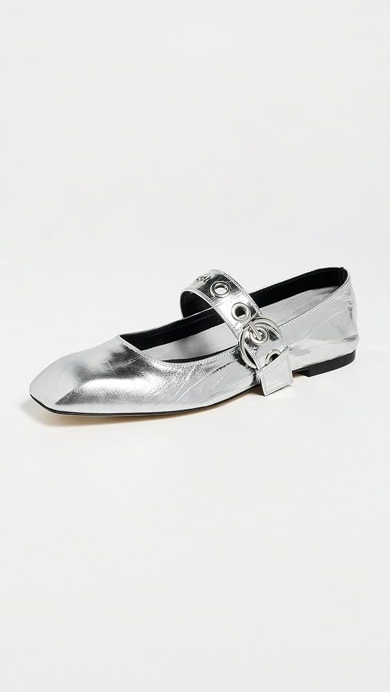 Aeyde Uma Eyelet Crackle Laminated Calf Leather Silver Flats
