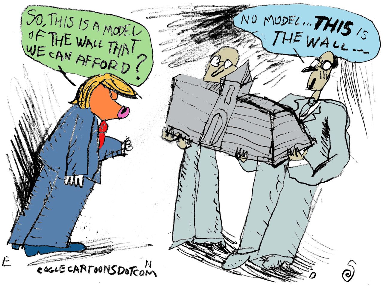 Political cartoon U.S. Trump immigration build the wall