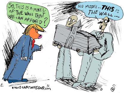 Political cartoon U.S. Trump immigration build the wall