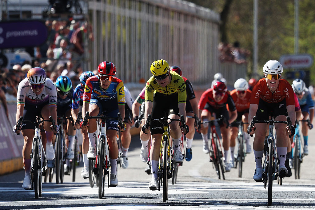 SCHOTEN, BELGIUM - APRIL 08: (L-R) Lara Gillespie of Ireland and UAE Team ADQ, Elisa Balsamo of Italy and Team Lidl - Trek, Nienke Veenhoven of Netherlands and Team Visma | Lease a Bike and Charlotte Kool of Netherlands and Team Fenix-Premier Tech sprint at finish line to win the race during the 6th Scheldeprijs 2026, Women's Elite a 130.3km one day race from Schoten to Schoten / #UCIWWT / on April 08, 2026 in Schoten, Belgium. (Photo by Rhode Van Elsen/Getty Images)