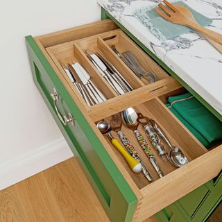 insider of a cultery drawer with wooden dividers