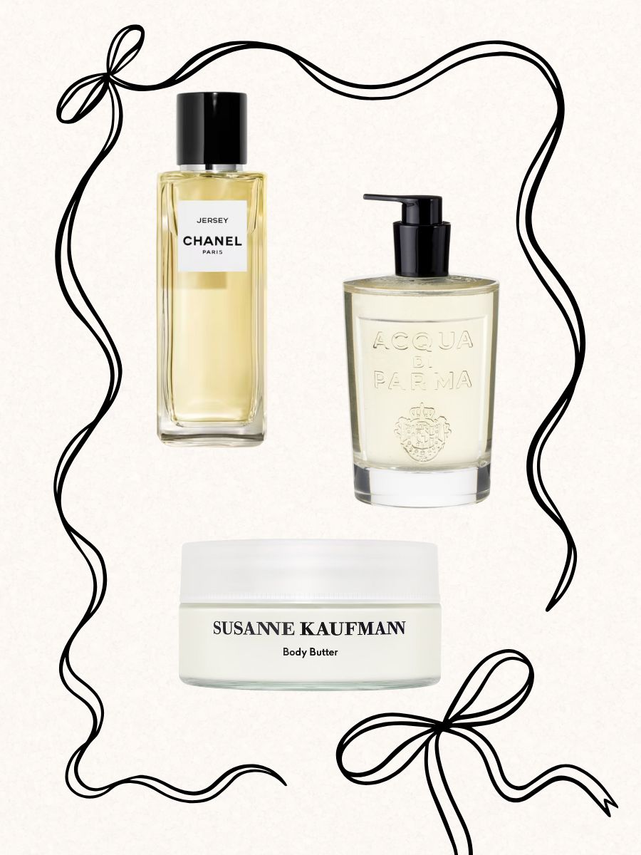 A collage with a ribbon illustration and photos of a Chanel perfume, Acqua Di Parma hand soap and Susanne Kaufmann body butter
