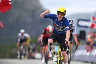 OLTEDAL NORWAY MAY 30 Matthew Brennan of Great Britain and Team Visma Lease a Bike Blue Points Jersey celebrates at finish line as stage winner during the 14th Tour of Norway 2025 Stage 2 a 2081km stage from Egersund to Oltedal on May 30 2025 in Oltedal Norway Photo by Szymon GruchalskiGetty Images