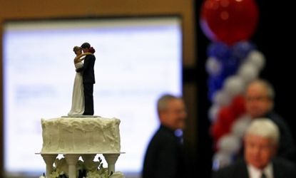 A wedding cake at a pro-Amendment One event in Raleigh, N.C., on May 8: The measure, which passed overwhelmingly, bans gay marriage, civil unions, and domestic partnerships in the Tar Heel St