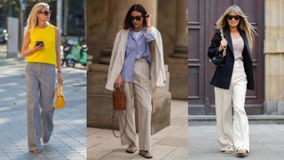 three women showing what to wear with wide leg pants for work