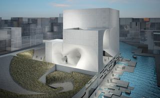A rendering of a museum. Large, concrete building, with a body of water to the right.