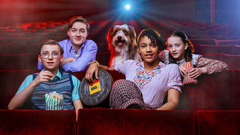 From left to right: Dick, Julian, Timmy, George and Anne - aka The Famous Five - sit in a cinema bathed in the glow of a movie projector, in a promo image for The Famous Five: Big Trouble on Billycock Hill&quot;.