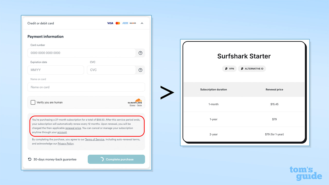 Screenshot showing Surfshark's disclaimer of its pricing increase