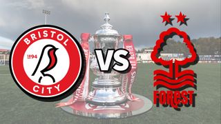 A composite image featuring the FA Cup trophy and club logos for the Bristol City vs Nottm Forest live stream.