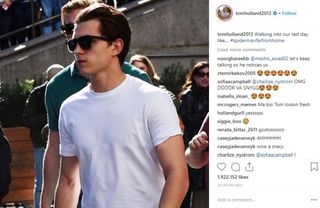Tom Holland in a white t-shirt arriving to film Spider-Man: far From Home