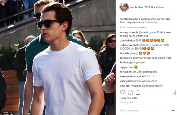 Tom Holland in a white t-shirt arriving to film Spider-Man: far From Home