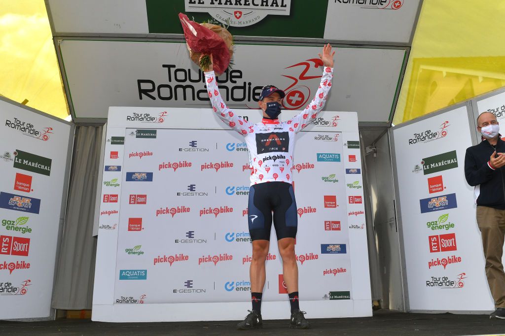 ORON SWITZERLAND APRIL 27 Rohan Dennis of Australia and Team INEOS Grenadiers Polka Dot Mountain Jersey celebrates at podium during the 74th Tour De Romandie 2021 Prologue a 405km Individual Time Trial stage from Oron to Oron 700m Mask Covid Safety Measures ITT TDR2021 TDRnonstop UCIworldtour on April 27 2021 in Oron Switzerland Photo by Luc ClaessenGetty Images