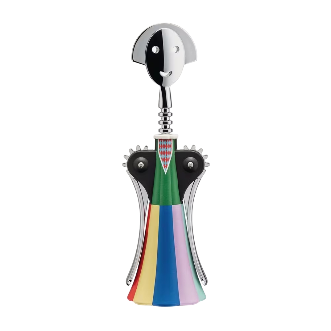 A woman-shaped wine opener features a creaturesque silhouette punctuated by soft shades of red, yellow, blue, purple, and sea green in the form of a dress.