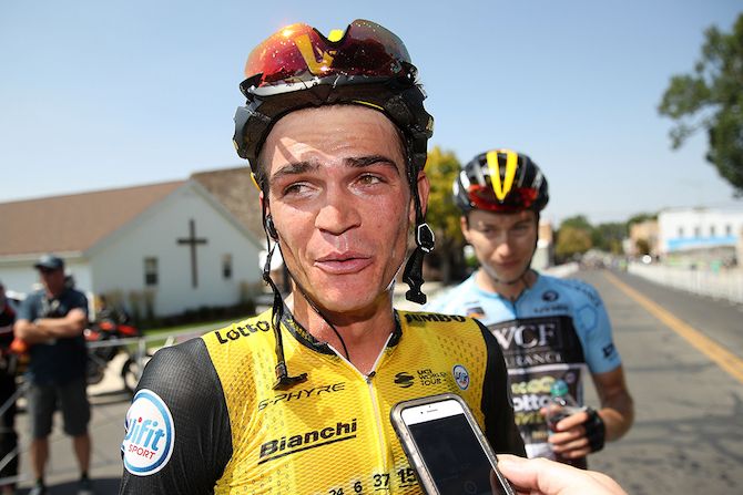 Sepp Kuss (LottoNL-Jumbo) talks to the press after winning stage 2 of the 2018 Tour of Utah