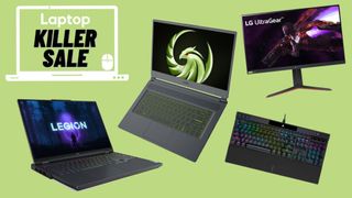 Newegg PC Gaming Week — Lenovo Legion Pro 7, MSI Bravo 15, LG UltraGear monitor, Corsair RGB Pro keyboard against green background