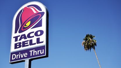 The Taco Bell logo is displayed at a Taco Bell restaurant in Pasadena, California