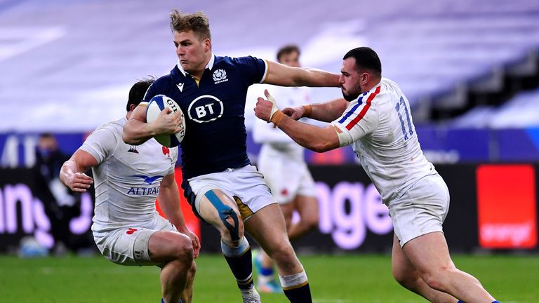 Duhan van der Merwe of Scotland battles for the ball with Gael Fickou of France during the Guinness Six Nations Rugby Championship match between France and Scotland 