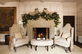 Fireplace with stone surround in a hunting lodge