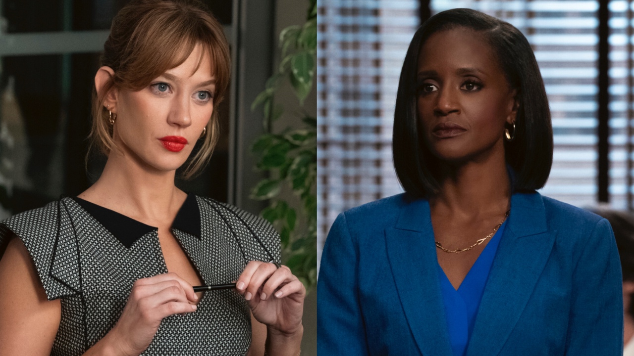 Yael Grobglas seated at a desk as Shae and Skye P. Marshall as Olympia in court with a client on Matlock