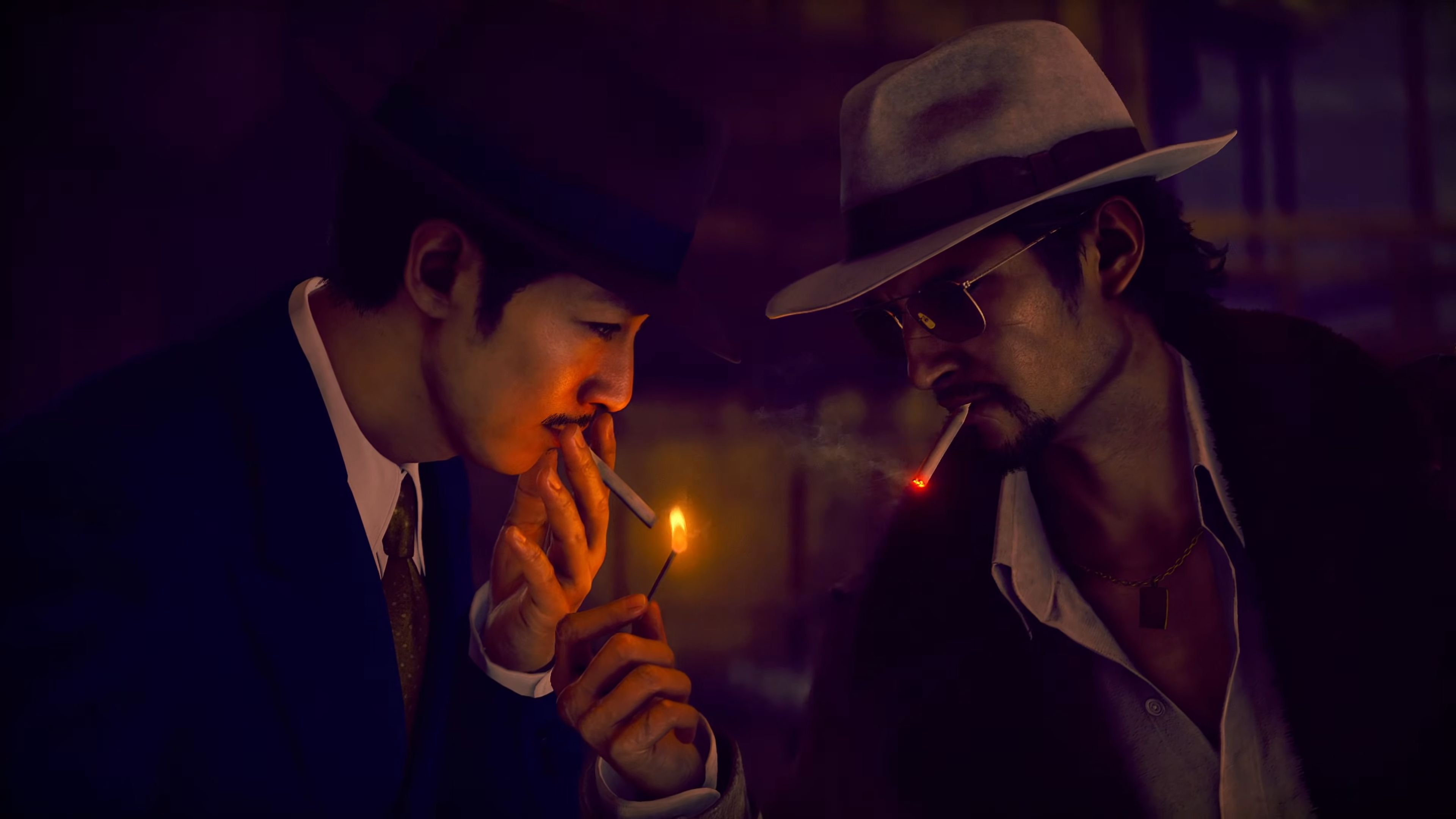 Stranger Than Heaven - Makoto and Yo wear suits and hats and share a match to light their cigarettes